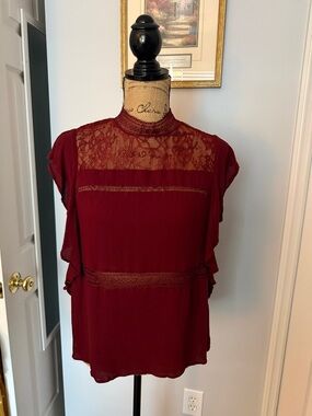 Express Burgundy Lace Yoke Flutter Sleeve Blouse